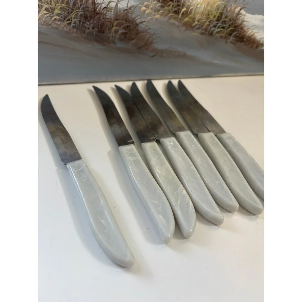 Vintage Quikut Stainless Steel Steak Knife Set 7pc Light Blue Marbled Swirl